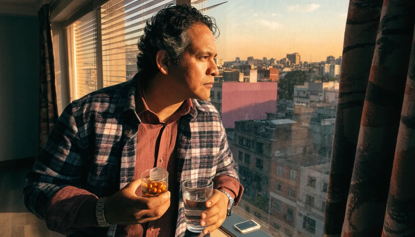 Escritorio de trabajo del equipo de Poder Máximo con un frasco de cápsulas y luz de tarde en Ciudad de México
