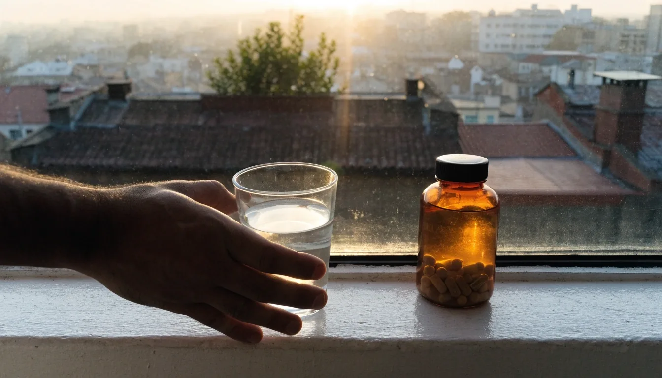Amanecer en Ciudad de México con un vaso de agua en el alféizar de una ventana