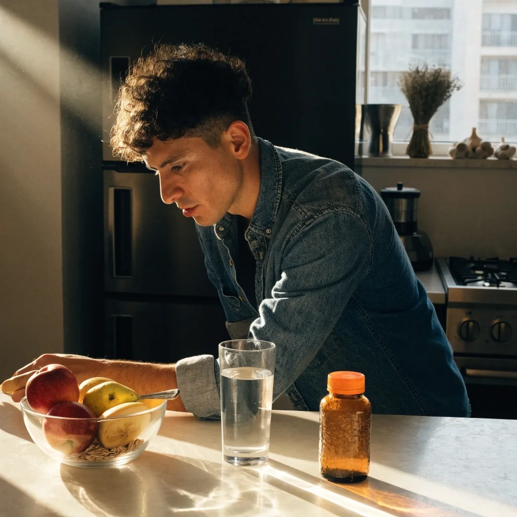 Hombre preparando un desayuno variado y suplemento en una cocina de Ciudad de México al amanecer