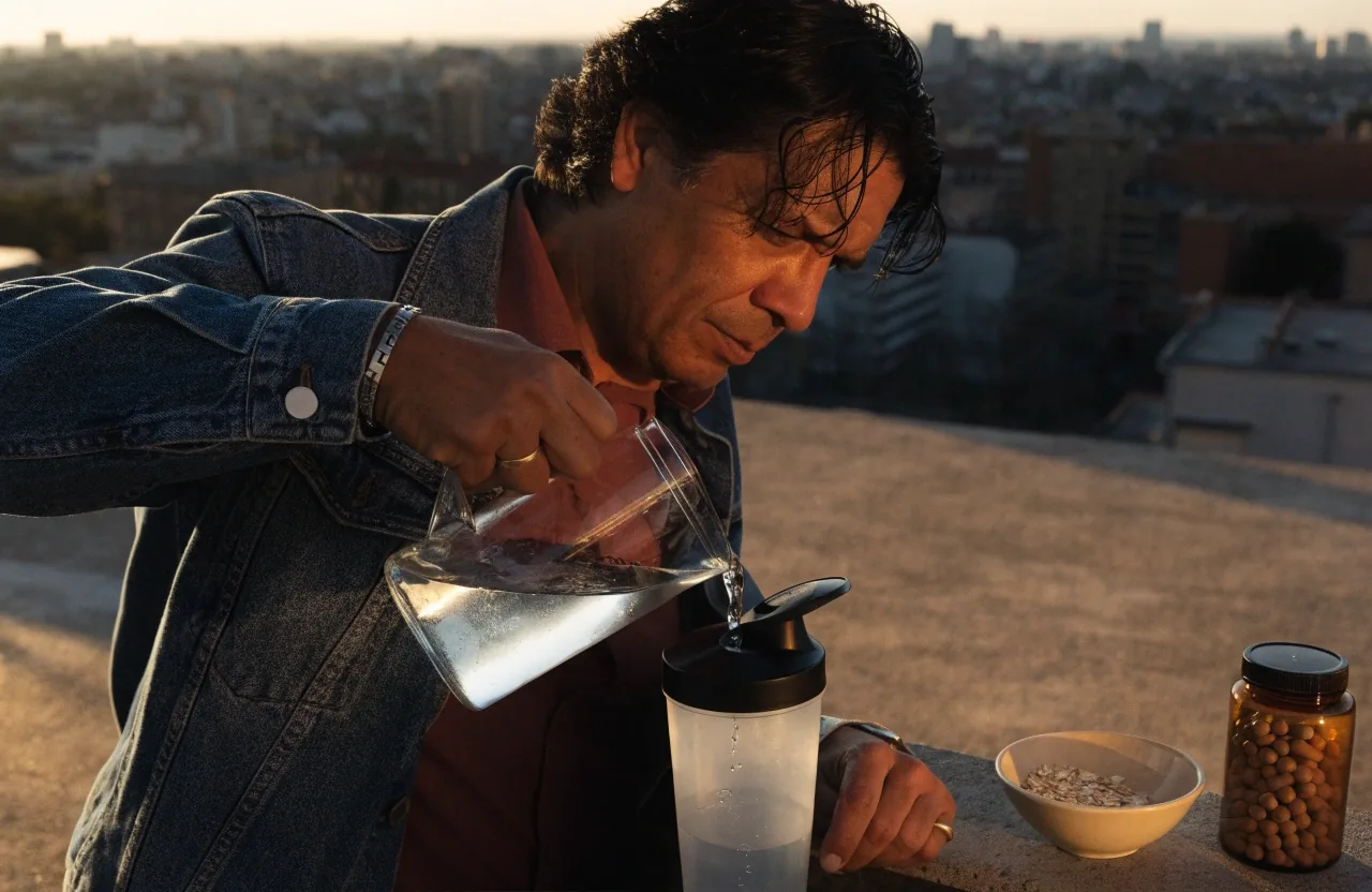Hombre preparando su bebida matutina en una cocina iluminada por el sol