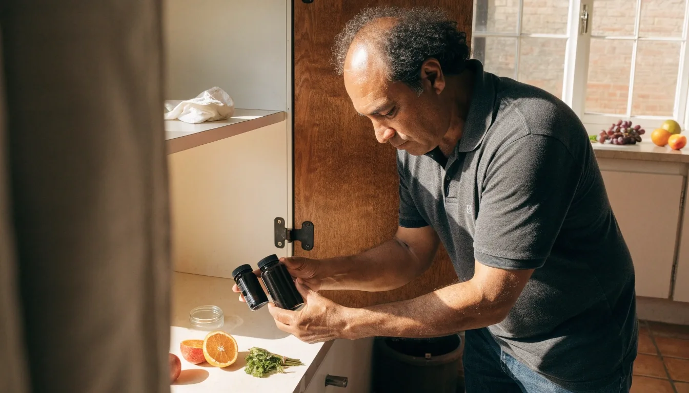 Manos comparando varios frascos de suplemento sobre una mesa de madera