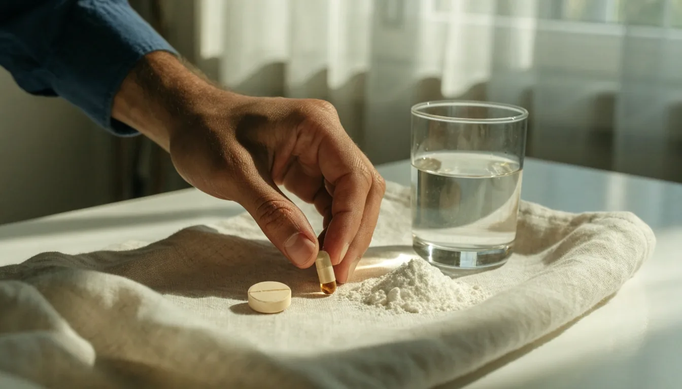 Distintos formatos de suplementos sobre un mantel claro: cápsulas, tabletas y polvo