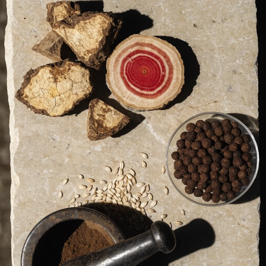 Ingredientes botánicos secos como maca, ginseng y guaraná sobre una superficie clara