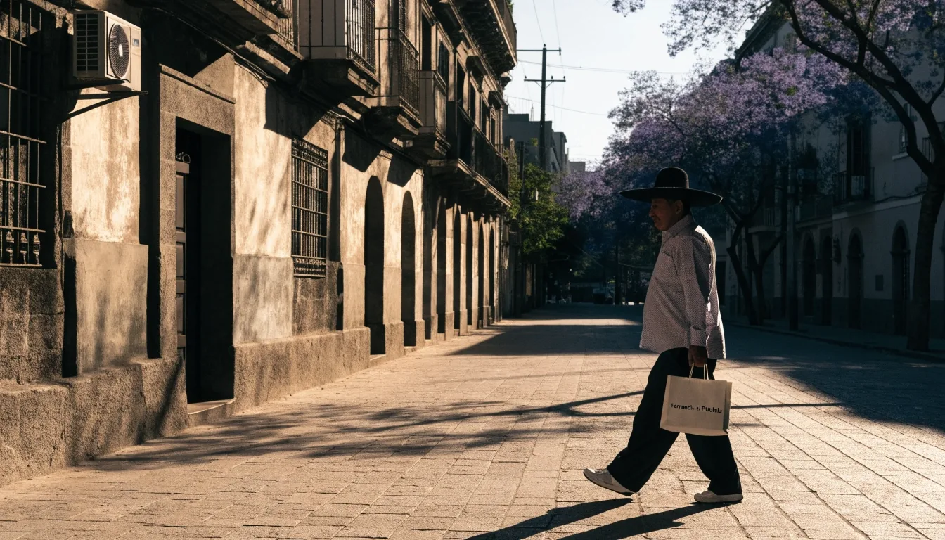 Calle residencial de Ciudad de México con jacarandas en flor y luz de tarde