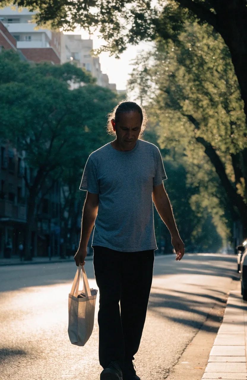 Hombre caminando por una avenida arbolada de Ciudad de México al atardecer